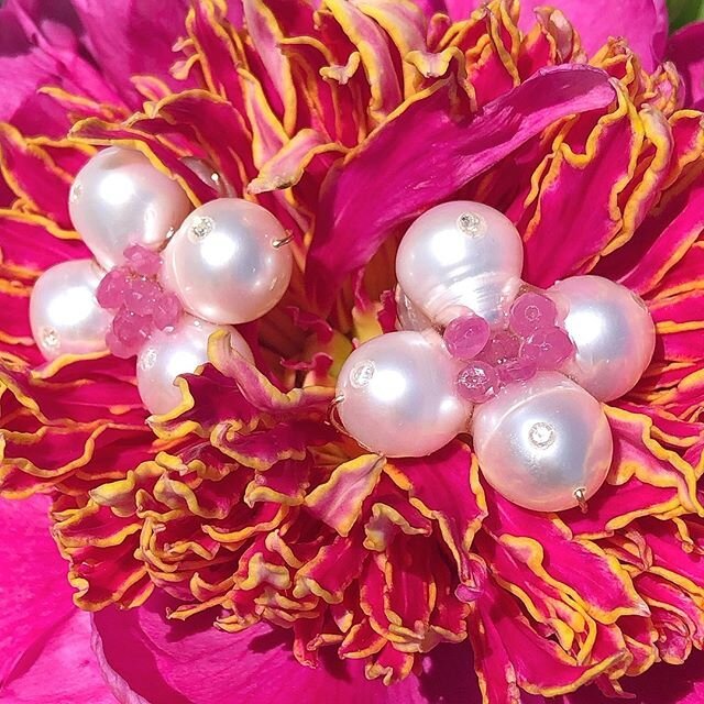  Pearl Flower Petal Earrings with Pink Sapphires and Diamonds