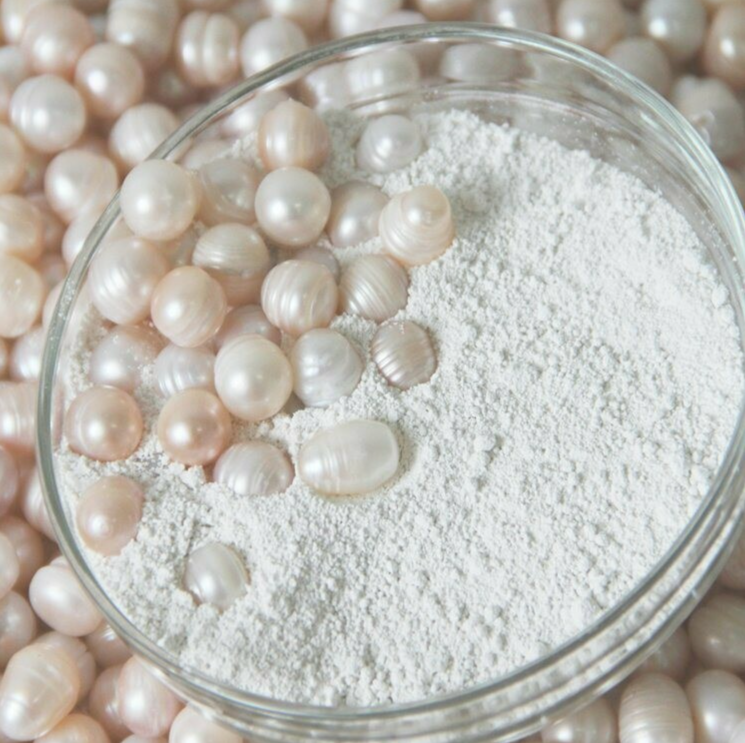 Close-up of pearls and a dish of fine pearl powder, showing pearlescent powder and scattered pearls
