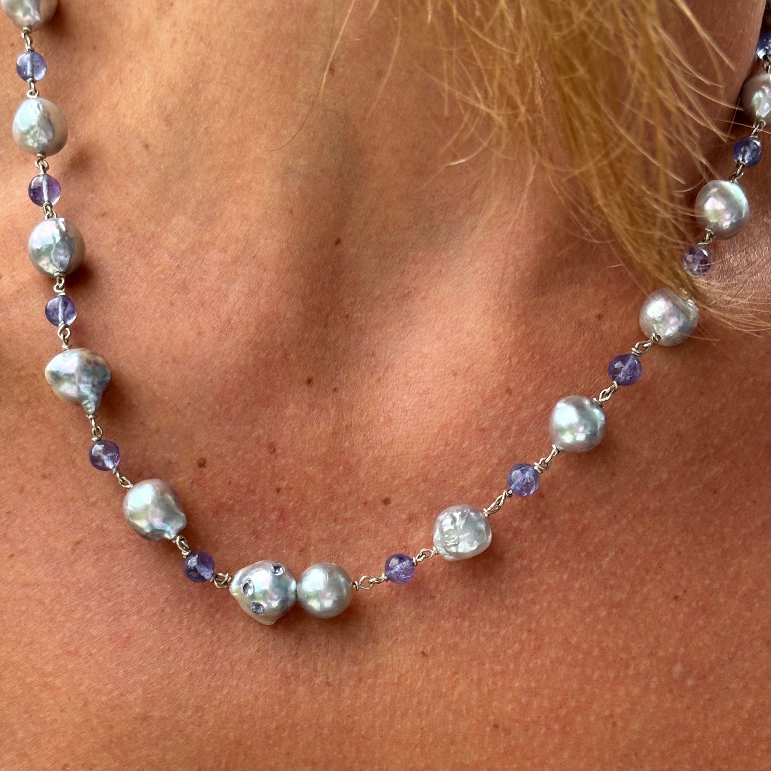 Blue Akoya Baroque Pearls with Tanzanite Globes and Pearl