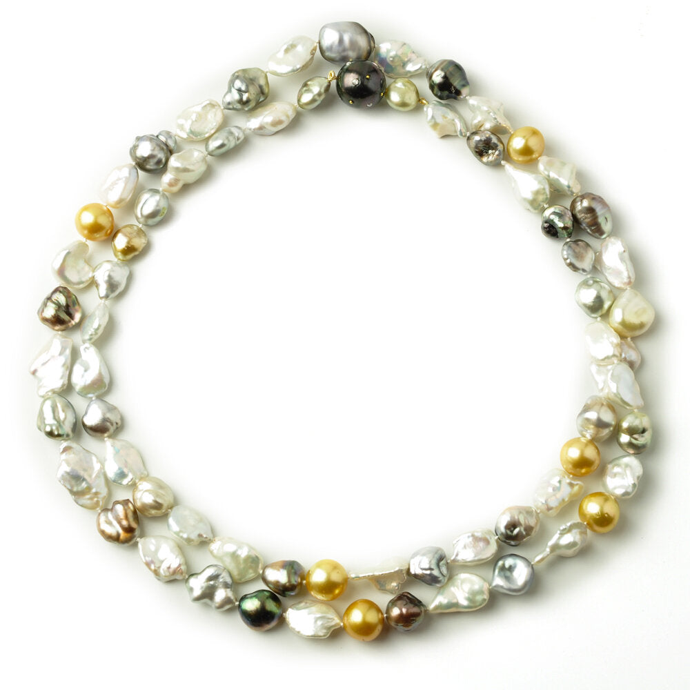 Keshi Pearls Necklace in White Tahitians with Round Golden South
